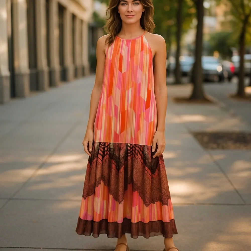 AGIVENESS Colorful Liquid Satin Maxi Kaftan Sun & Summer Flowy Sexy Dress M
